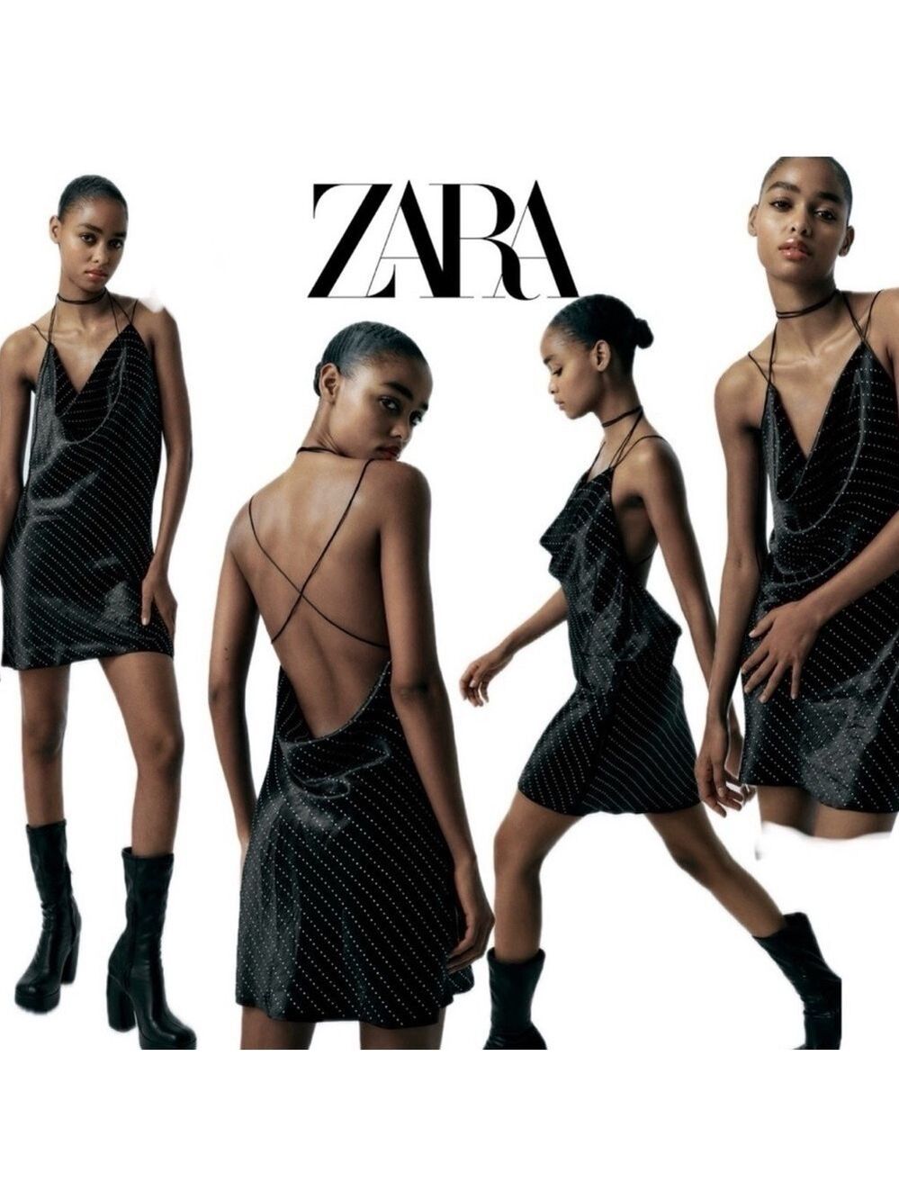 Zara Black satin effect crystal rhinestone jewelled cowl neck mini slip dress